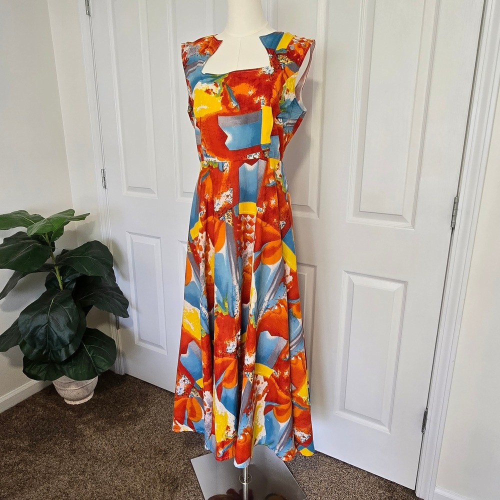 Ashro Maxi Dress Women 12 Red Blue Abstract Cotton Sleeveless Square Neck Cutout